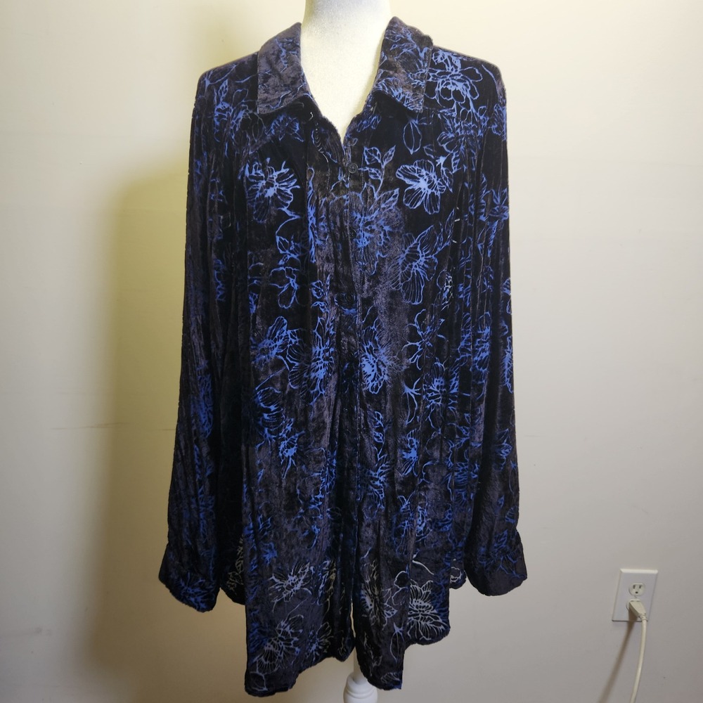 Torrid Madison Velvet Burnout Button Up Shirt 5X Semi Sheer Floral Long Sleeve